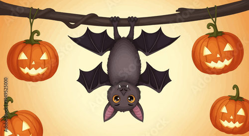 Bat hanging upside down from branch 1.