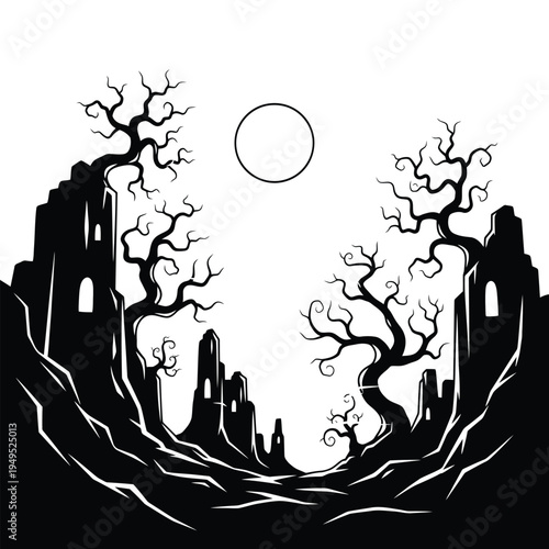Black silhouette of twisted trees standing.