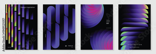Abstract neon gradient poster vector set. Vertical rounded forms, striped bars, and glowing discs on dark background for cover, banner, and modern design.