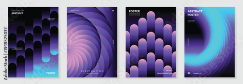 Abstract purple gradient cover card vector set. Arches, concentric curves, and glowing circles on dark background for poster, banner, wallpaper, and modern design.