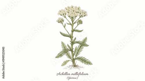 Detailed botanical illustration of the yarrow plant (Achillea millefolium), showcasing delicate white flowers and feathery green leaves, rendered as a classic herbal drawing on an isolated background