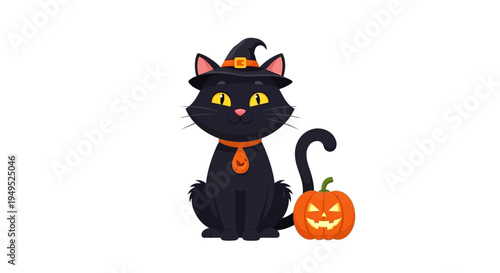 Black Cat Wearing Witch Hat.