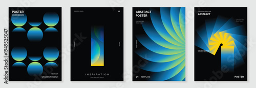Abstract blue gradient cover card vector set. Circular glow, dark panels, and radiant sunrise shapes for poster, banner, wallpaper, and modern design.