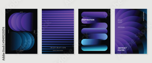Abstract blue gradient poster vector set. Rounded layered shapes and striped forms on dark background for cover, banner, wallpaper, and modern design.