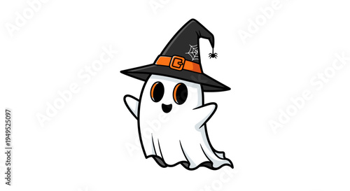 Cartoon ghost in witch hat smiling.
