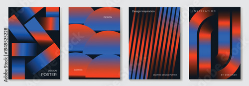 Abstract geometric gradient poster vector set. Orange and blue shapes with stripes and arches for cover, banner, branding, and modern editorial design.