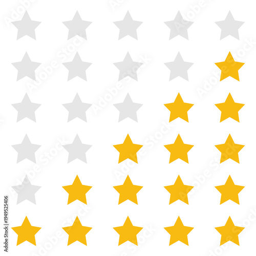 Comprehensive 5x5 star rating system grid with golden and grey stars. Customer feedback scale.
