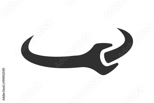 Stylized wrench tool icon, black silhouette. Abstract spanner symbol, repair and settings concept.