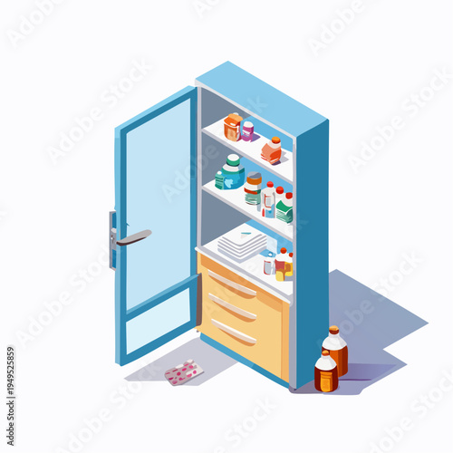 Cabinet with open door and medicine bottles