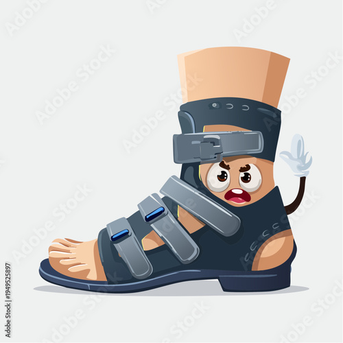 Cartoon foot in orthopedic brace with face