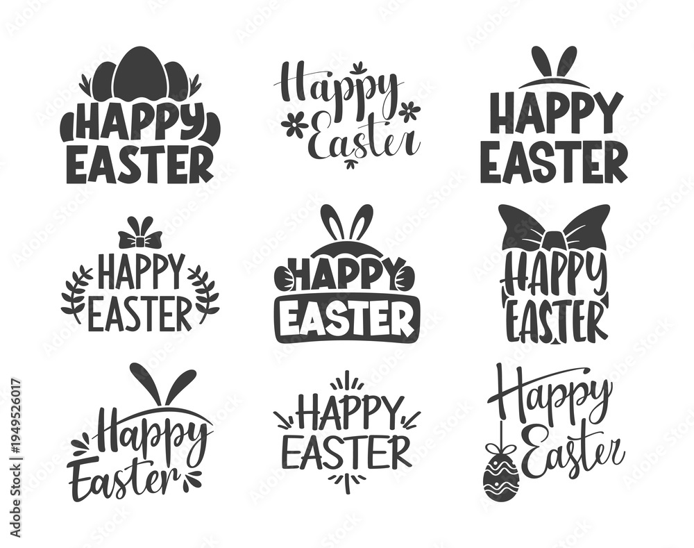 Obraz premium Happy Easter black-and-white hand-lettered and stylized fonts festive typography isolated set