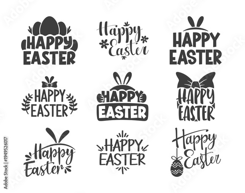 Happy Easter black-and-white hand-lettered and stylized fonts festive typography isolated set