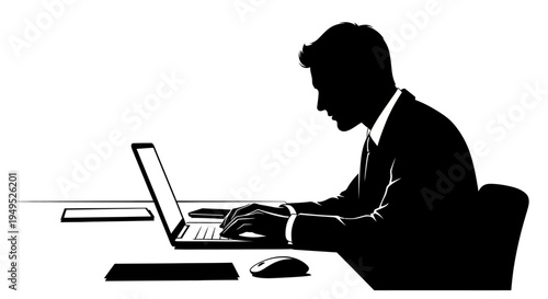 Silhouette of a businessman working on a laptop at a desk, focused on his task.