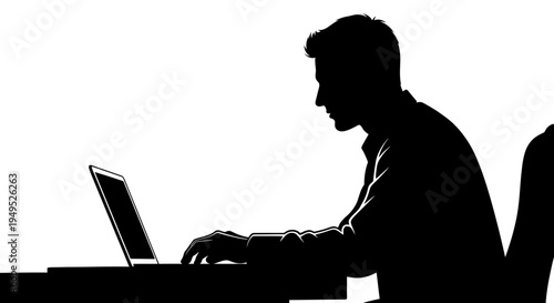 Silhouette of a businessman working on a laptop at a desk, isolated on white background
