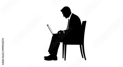Silhouette of a businessman working on a laptop while sitting on a chair