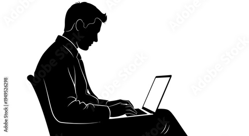 Silhouette of a businessman working on a laptop, focused on his task.