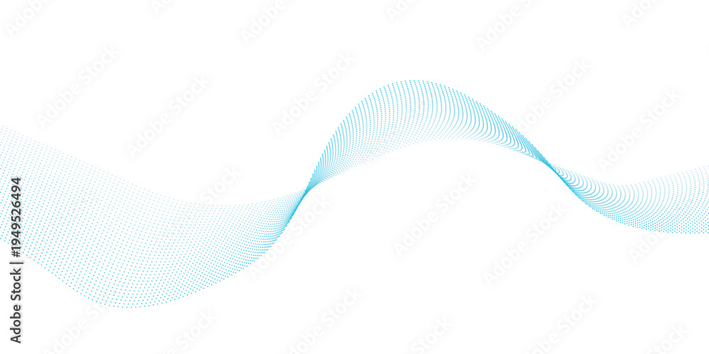 Fototapeta premium Light blue halftone dotted wave with flowing particles and dynamic curve lines, abstract technology soundwave background for modern banner presentation and web design