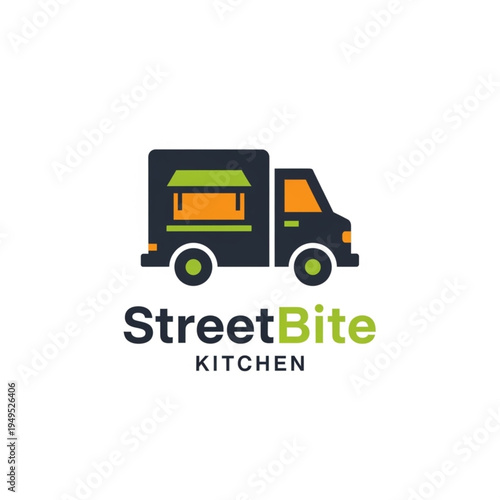 Modern stylized logo for a food truck business named StreetBite Kitchen featuring a dark vehicle illustration with orange and lime green accents.