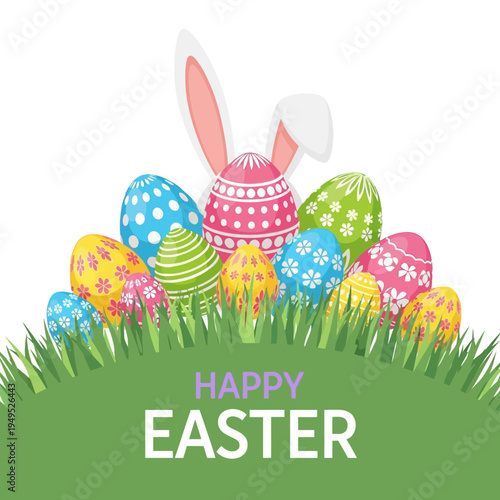 Happy Easter Bunny Ears and Colorful Decorated Eggs in Green Grass