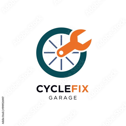 Modern logo design for a bicycle repair shop or cycle fix garage featuring a stylized wheel and wrench icon.