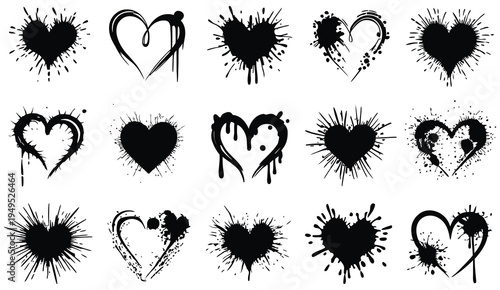 Set of Grunge Black Graffiti Heart Vector Illustrations with Splatter and Drip Effects, Edgy Street Art Style Hearts for Punk Design, Alternative Fashion Graphics, Tattoo Inspired Artwork, Urban Love 