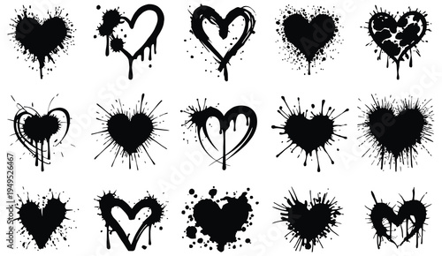 Set of Grunge Black Graffiti Heart Vector Illustrations with Splatter and Drip Effects, Edgy Street Art Style Hearts for Punk Design, Alternative Fashion Graphics, Tattoo Inspired Artwork, Urban Love 
