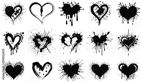 Set of Grunge Black Graffiti Heart Vector Illustrations with Splatter and Drip Effects, Edgy Street Art Style Hearts for Punk Design, Alternative Fashion Graphics, Tattoo Inspired Artwork, Urban Love 