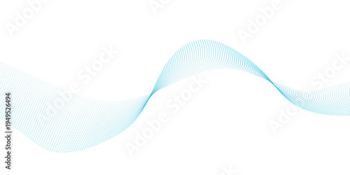 Light blue halftone dotted wave with flowing particles and dynamic curve lines, abstract technology soundwave background for modern banner presentation and web design