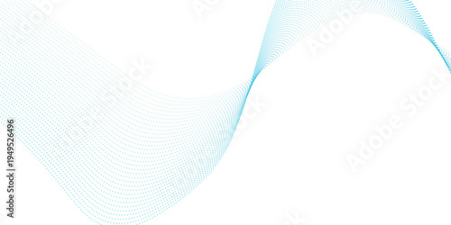 Abstract blue flowing particle wave line with dotted gradient mesh pattern, minimal modern technology soundwave background isolated on white for digital banner design