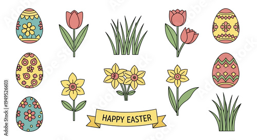 Happy Easter colorful decorated eggs, tulips, daffodils, and grass illustration