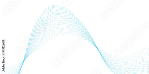 Light blue abstract dotted wave with flowing particle curves and halftone gradient mesh texture, modern technology soundwave background for presentation and banner