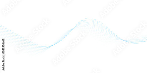 Abstract light blue flowing particle wave with dotted gradient mesh and dynamic soundwave curves, minimal modern technology background for banner presentation and poster