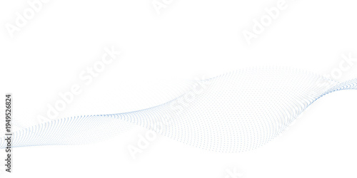 Abstract light blue flowing particle wave with dotted halftone gradient mesh, dynamic soundwave curve lines on clean white background for modern technology banner, presentation and digital design