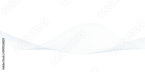 Abstract blue flowing particle wave with dotted gradient mesh and dynamic curve lines, modern futuristic soundwave technology background on clean white surface for digital design