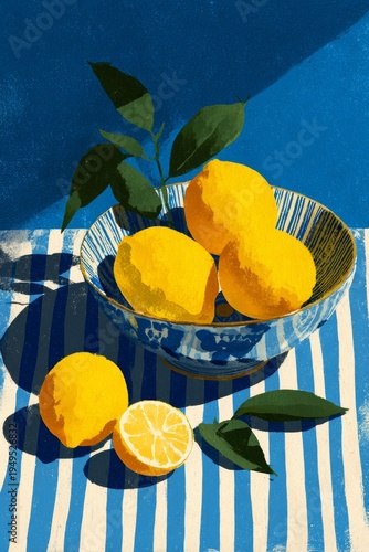 Bright lemons in ceramic bowl on blue and white striped cloth with cobalt background showing modern art style