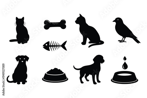 Black silhouettes of pets and pet food