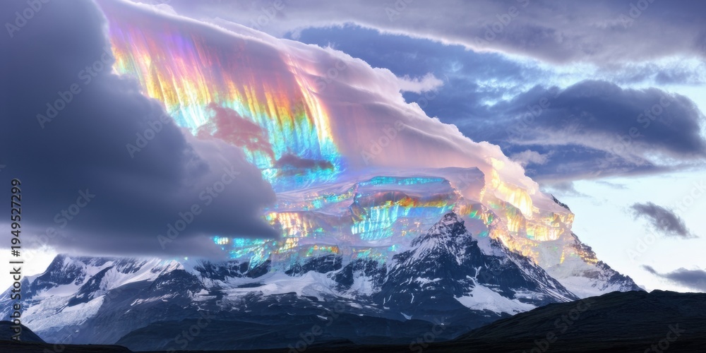 Naklejka premium Dramatic mountain scene. Rainbow cascades from clouds onto snowy peaks. Dark sky contrasts vibrant colors. Majestic landscape evokes wonder.