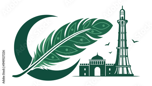 A green and white illustration of a Pakistani monument with a feather and crescent moon
