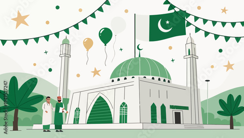 A vibrant illustration of a mosque with a Pakistani flag, celebrating a festive occasion with balloons and banners