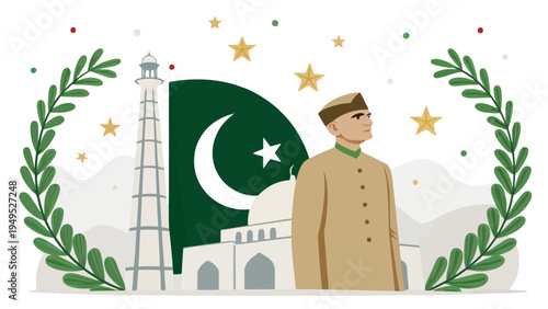 A man in traditional Pakistani clothing stands proudly in front of a mosque and the Pakistani flag