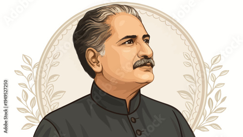 A portrait of a middle-aged man with a mustache and gray hair in a traditional outfit