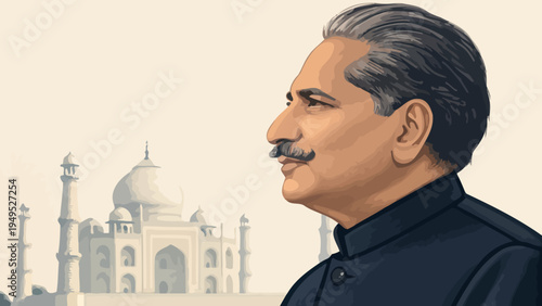 A digital illustration of a man in front of the Taj Mahal, showcasing Indian architecture and culture