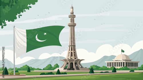 The Minar-e-Pakistan monument stands tall with the Pakistani flag waving in the wind on a beautiful day