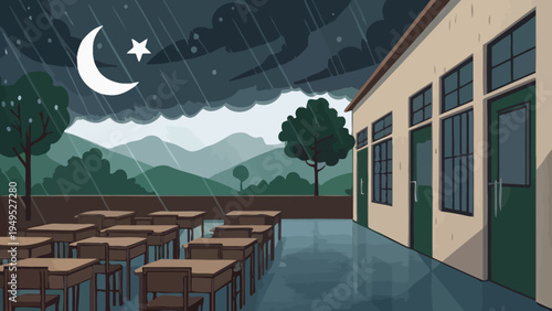 An empty school courtyard on a rainy night with a crescent moon shining in the sky