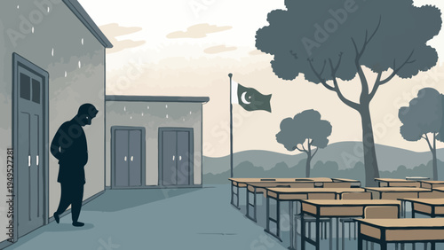 A man stands alone in an empty schoolyard with a Pakistani flag flying in the background on a rainy day.