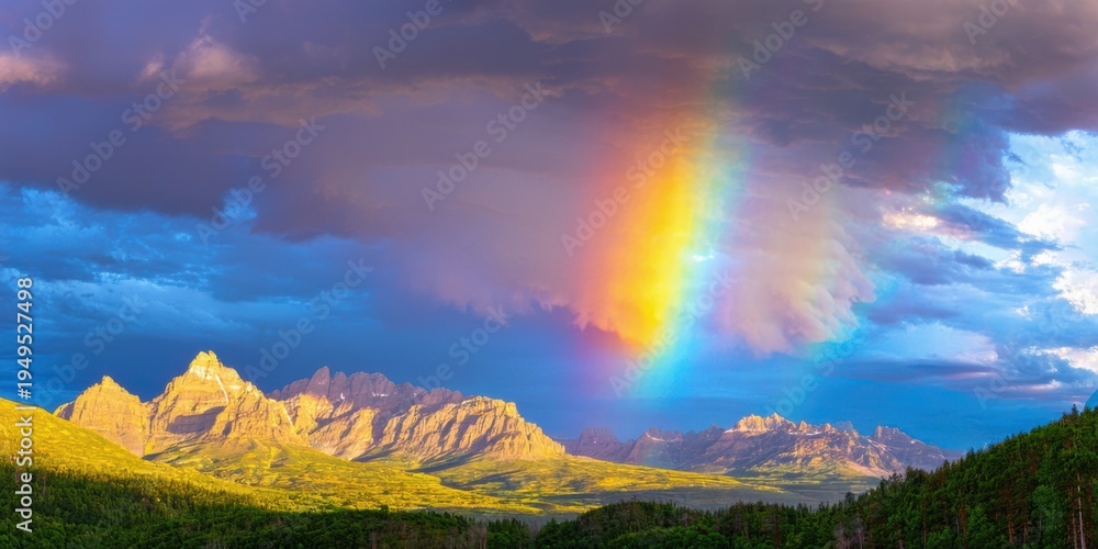 Obraz premium Dramatic landscape features mountains, rainbow, vibrant sky. Clouds dominate scene, creating beautiful colorful display. Natures beauty.