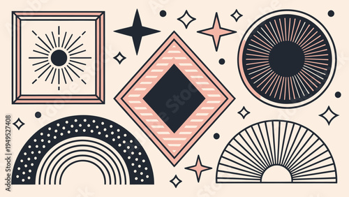 A vibrant and playful illustration featuring various geometric shapes and sunburst designs in black, white, and pink hues.