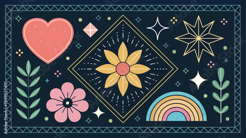 A vibrant and colorful illustration featuring a heart, flower, and rainbow on a dark blue background