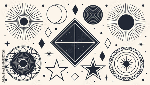 A collection of celestial and geometric shapes in a black and white illustration