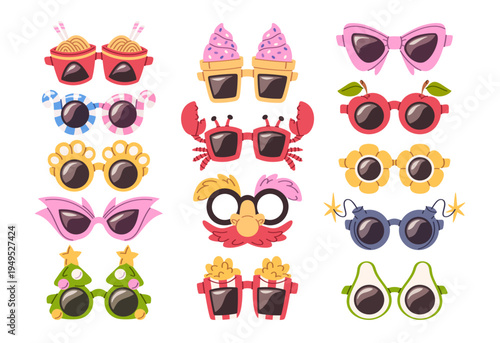 Collection of fun party sunglasses in various shapes and colors for summer festival and photo booths